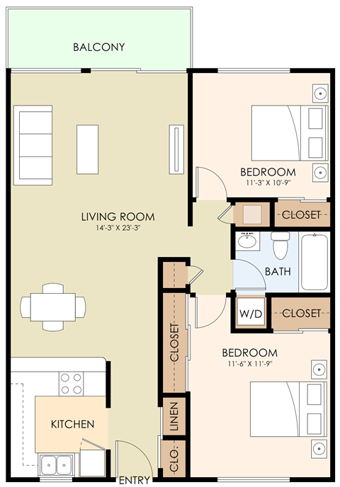 Floor plan for 2 beds, 1 bath, 900 sqft